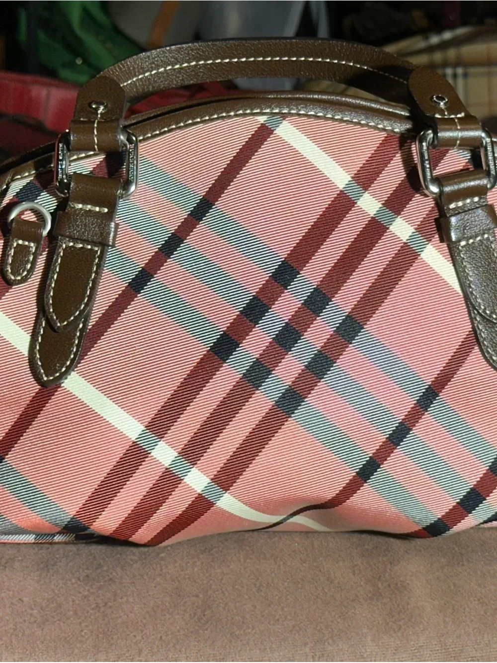 Burberry Pink Plaid Satchel with Brown Trim - Picture 3 of 5
